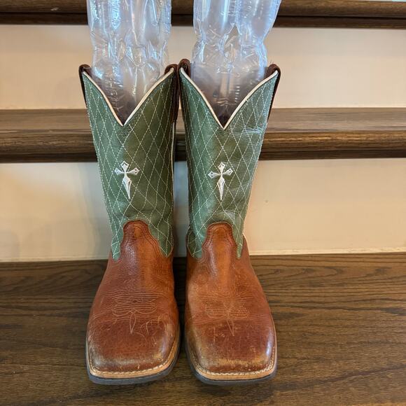 Twisted X Youth Square Toe Cowboy Boots Brown Green Leather Cross YBK0005 4.5M - Picture 2 of 8